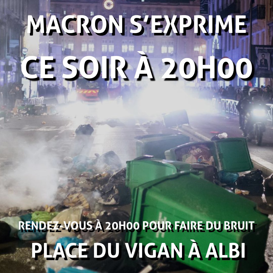 NpaTarn81's tweet photo. Il ne nous écoute pas, ne l’écoutons pas !
Rassemblons-nous ce soir à 20h00 place du Vigan à Albi pour faire un maximum de bruit pendant l’allocution de Macron.
#boycottAllocution #macron20h https://t.co/ou58hnaZHd