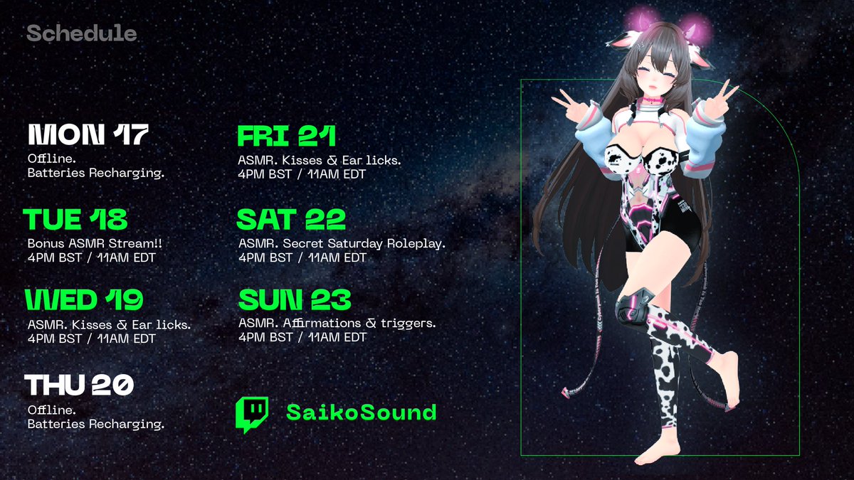 Saiko 🐮🔞 Voice Actress || Streamer on X: 🛸 Schedule for a huge week on  Twitch! 💚 Which days will you be with me?? #vtuber #ENVtubers  t.cozhQIT7mny7  X