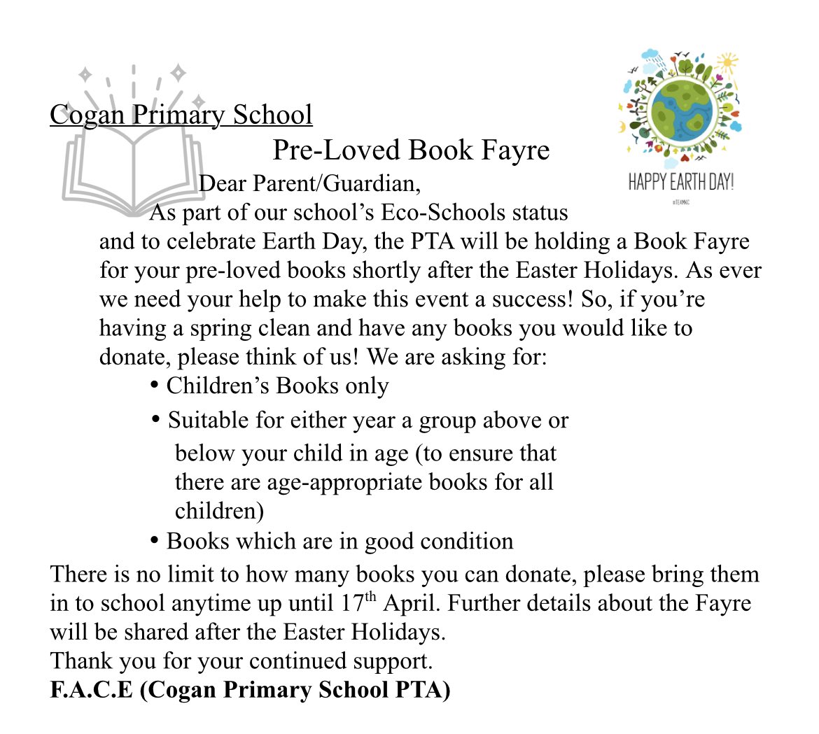 Hey @CoganPrimary we hope you had an egg-cellent Easter 🐣! If you managed a spring clean and you have some books to donate to our Pre-Loved Book Fayre then please bring them in to school this week! #lovereading #booksforall #sustainability #EarthDay2023 #ecoschool