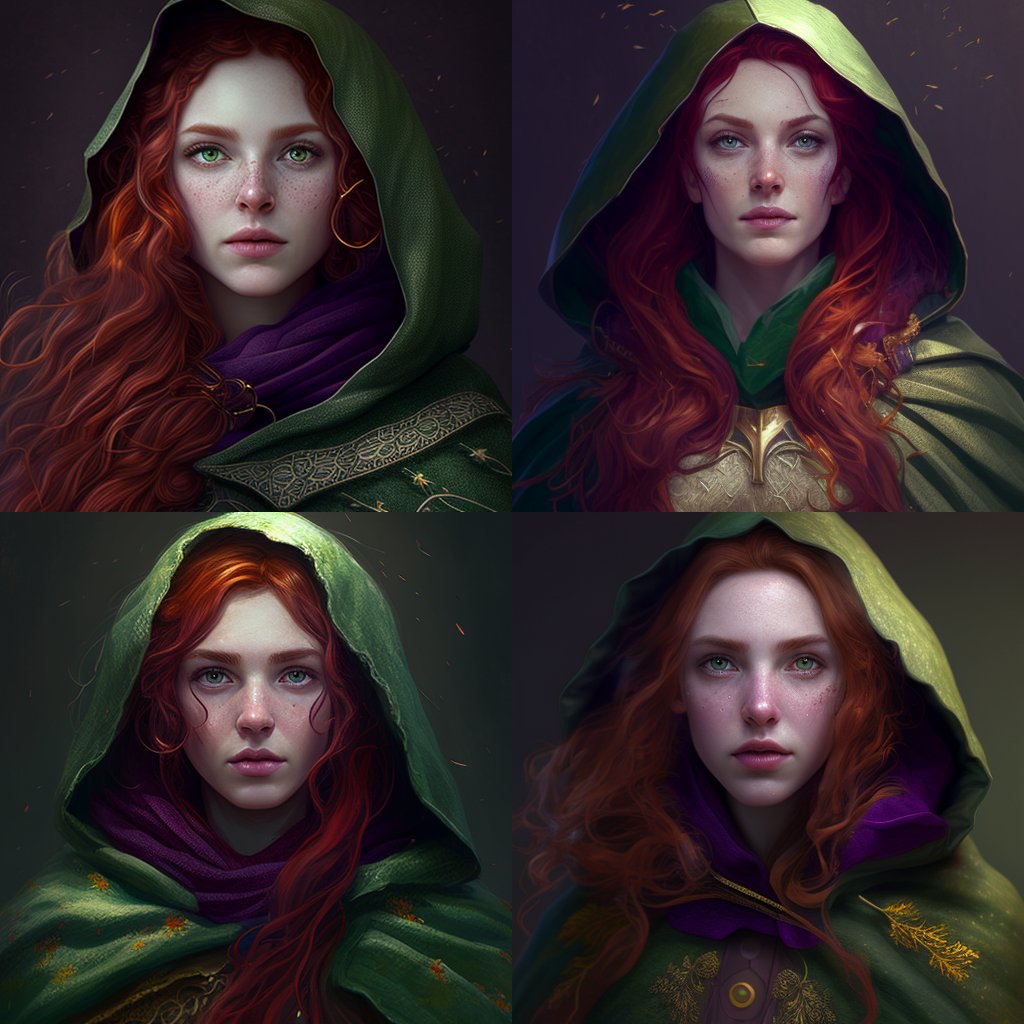 Prompt : A beautiful 20 year old High Elf woman with pale skin, freckles and long curly red hair. She is wearing a verdant green hooded cape with gold and purple trimmings

<a href="/artlinecraft/">Artlinecraft / Aiart</a>

#ComicArt #LoveIsBlind #digitalart #art #illustration #designer #characterart
