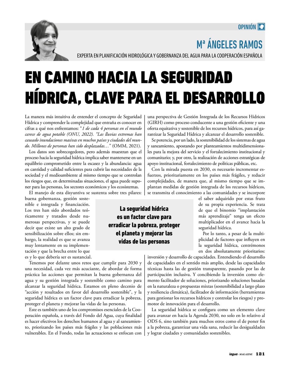 iAgua's tweet image. 👩 Mª Ángeles Ramos, experta en Planificación Hidrológica y Gobernanza del Agua para la Cooperación Española de @AECID_es, escribe esta tribuna para #iAguaMagazine43 sobre el camino hacia la #seguridadhídrica como clave para el desarrollo.
iagua.es/blogs/ma-angel…