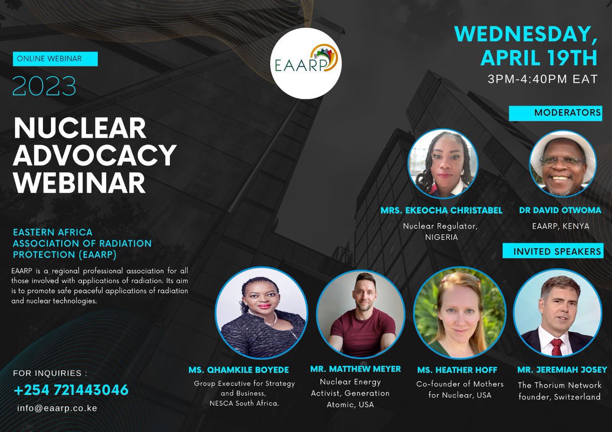 Our upcoming webinar on Nuclear Advocacy is just 2 days away. Join us on April 19th, from 3pm-4:40pm EAT to learn about this important topic. Register now and be part of the conversation! forms.gle/5XHSjfLoeTPcgP… #Nuclear #Nuclearadvocacy #NuclearEnergy