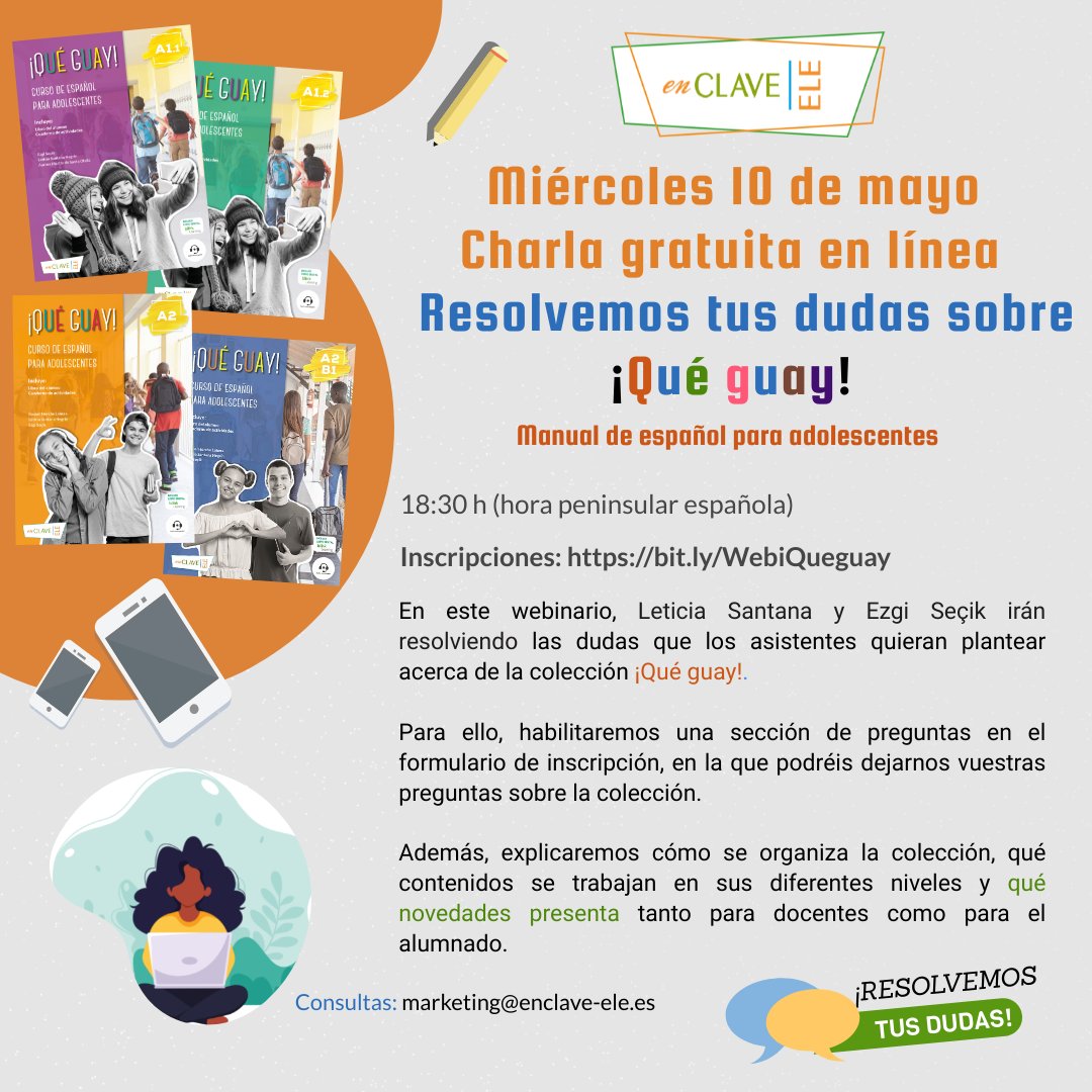 ¿Das clases de ELE a adolescentes?🤔
El día 10 de mayo organizaremos un webinario gratuito con <a href="/SecikEzgi/">ProfesoraEzgi</a> y @ELE_de_Leticia, autoras de ¡Qué guay! y resolveremos vuestras dudas sobre la colección 📚
Reserva tu plaza: 
bit.ly/WebiQueguay