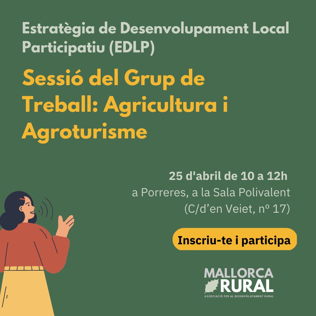 MallorcaRural1's tweet photo. Obertes les inscripcions a les taules de treball que han de servir per elaborar l'estratègia participativa de Mallorca Rural  i definir projectes estratègics per impulsar la innovació al sector rural i agrari 

#LEADERMallorca.

➡Inscripcions: https://t.co/14fr9HHJTV https://t.co/vBB6wjyNir