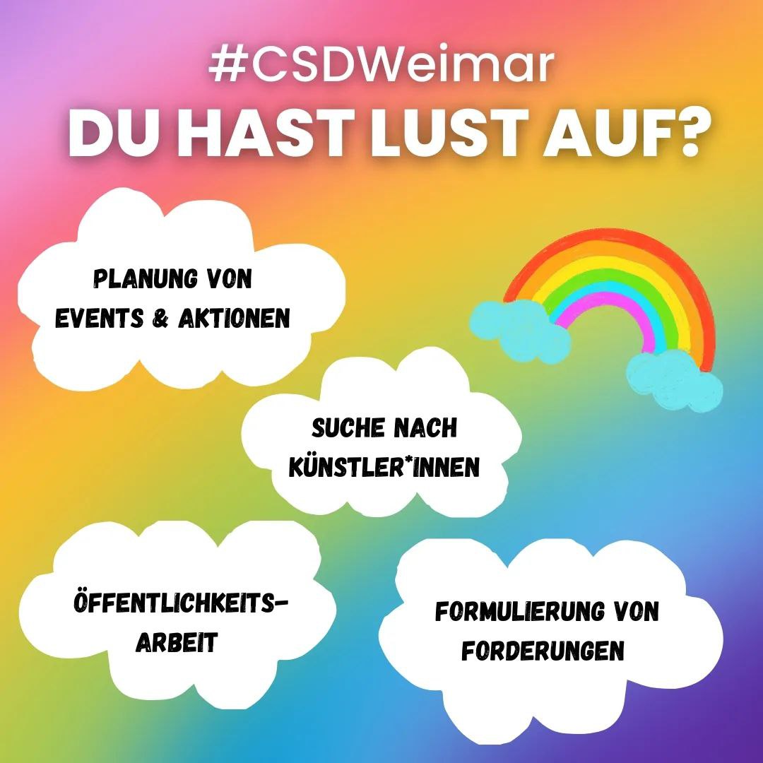 CSDWeimar's tweet photo. Weiter geht's - Gestalte Deinen #CSDWeimar

Heute findet das nächste offene Team-Meeting zur Vorbereitung des CSD Weimar statt. Und Du bist eingeladen!

... Montag, 17. April 2023
... um 18:00 Uhr
... in der AIDS-Hilfe Weimar
... (Erfurter Straße 17, Weimar)

[1/7] https://t.co/ljdXsZ7j9t