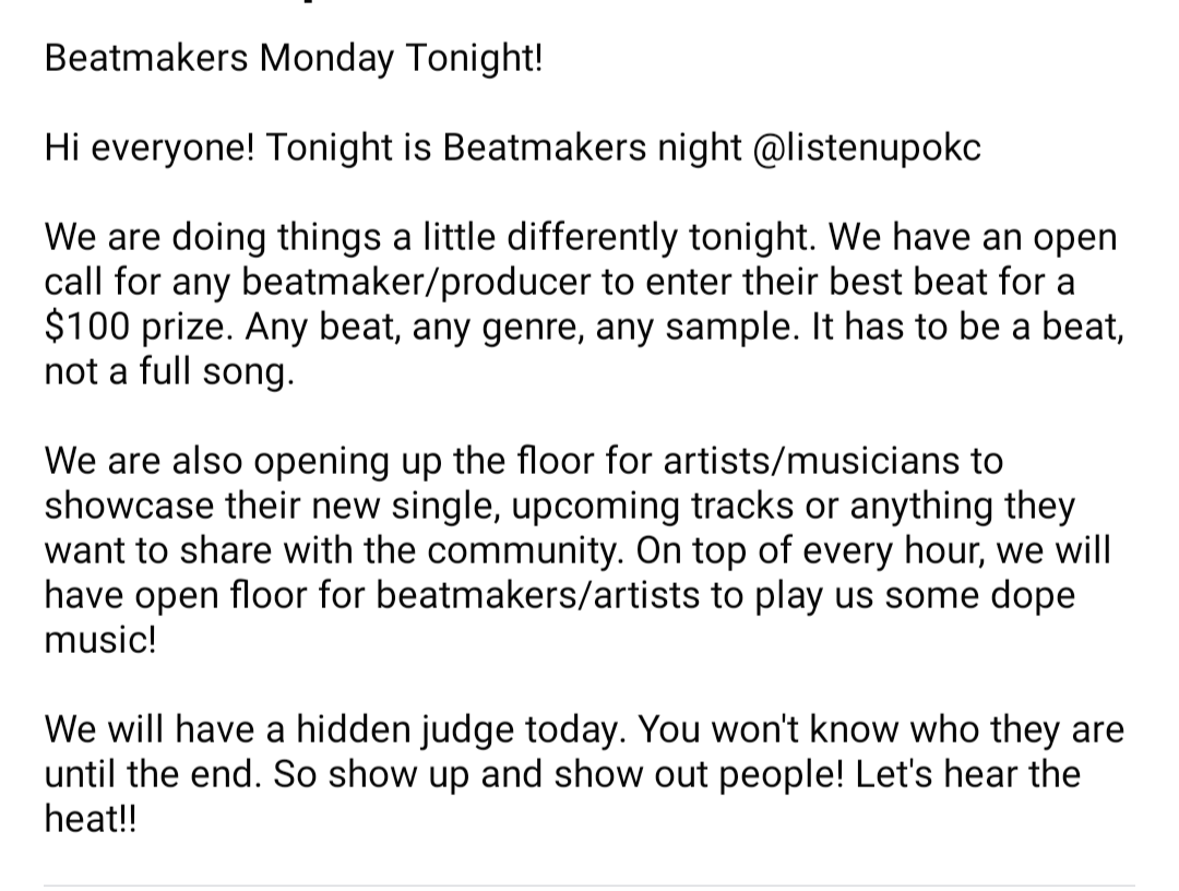 OKC MUSIC PRODUCERS 

Our Chief Exec Weirdo <a href="/JarvixSchmarvix/">Jarvix</a> is a judge for tonight's #BeatmakersMonday at <a href="/ListenUpOKC/">ListenUpOKC</a> and we're having a $100 beat contest 

RT &amp; share for this rare opportunity!