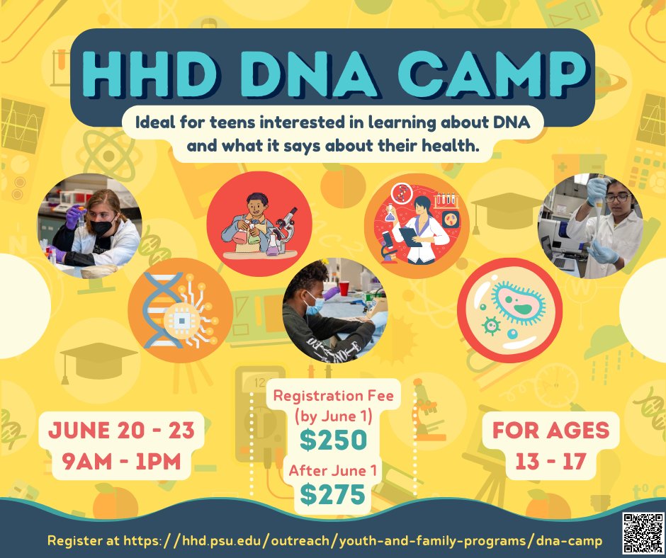 Still looking for summer camps? Registration is open for Penn State's not-for-profit HHD DNA camp. This camp is ideal for 13-17 yr olds interested in learning about DNA &amp; what it says about their health. For more info &amp; to register, please visit ow.ly/HMrE50NJxzN #PSUHHD