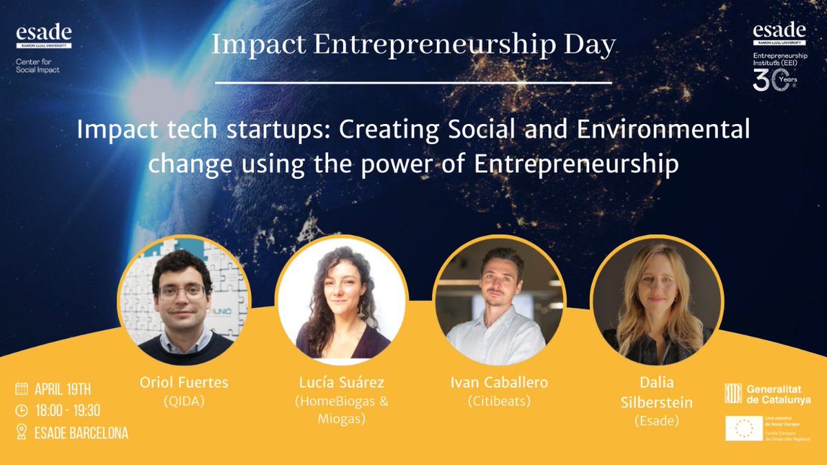 Meet the speakers of #ImpactEntrepreneurshipDay Prof. <a href="/Kai_Hockerts/">I don't like X</a> Prof. <a href="/gcasasnovas/">Guillermo Casasnovas</a> ( @ESADE) Lucia Suarez (<a href="/Miogas/">Miogas</a>) <a href="/i_caballero/">Ivan</a> (<a href="/theCitibeats/">Citibeats</a>) Oriol Fuertes (<a href="/QidaCare/">Qida</a>) &amp; <a href="/DaliaSilber/">Dalia Silberstein</a> (<a href="/Esade/">Esade</a>SocImp)

🌎#ImpactEntrepreneurship on Apr 19🌎
#EEI30years👇esade.me/impactentrepre…