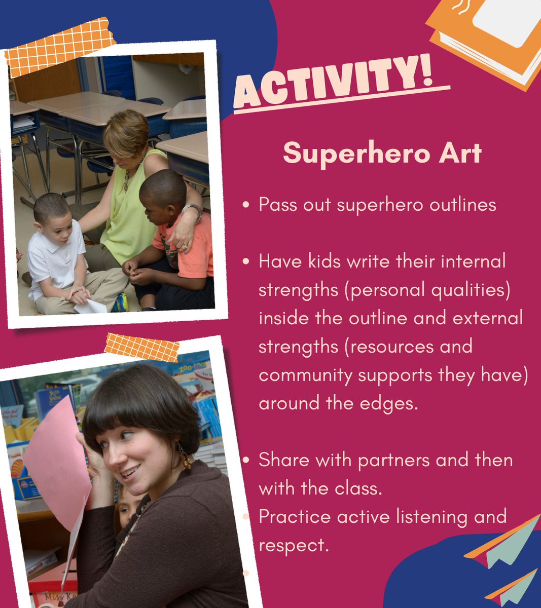 MissKendraProg's tweet image. This Superhero Art activity helps kids recognize and value their strengths. Sharing these drawings is a great opportunity to practice listening and respect! Share your superhero art, and don't forget to tag us! #MissKendraPrograms #SEL #Activity #KidsMentalHealth
