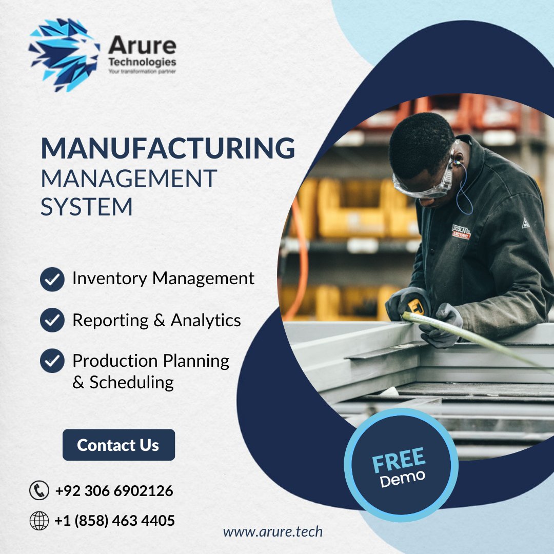 Aruretech's tweet photo. Manufacturing can be complicated, but it doesn't have to be! Arure helps manufacturers track inventory &amp; shipments while improving collaboration. Transform your business today! 

🌐 https://t.co/adVuwAxdVu 
☏ +92 306 690 2126 | +1 (858) 463 4405

#Manufacturing #ERP #Business https://t.co/8t9f87a3BA