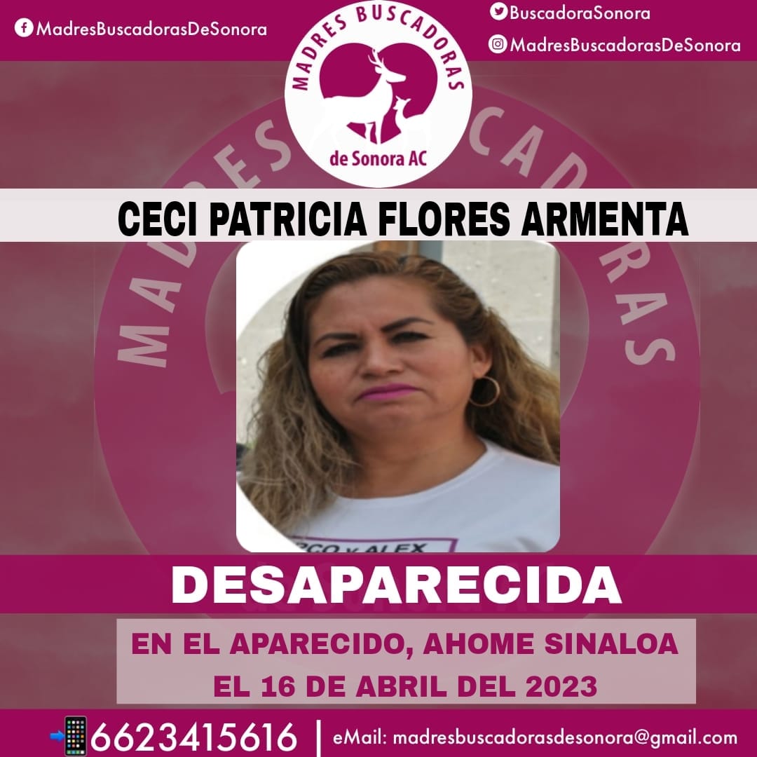Ceci Flores 6623415616 (@cecipatriciaf) on Twitter photo Se informa que Ceci Flores se encuentra desaparecida desde ayer.
Estaba realizando búsqueda en el estado de Sinaloa y fue vista la última vez mientras iba bordo de una patrulla de la policía estatal que se supone le brindaba protección.
<a href="/lopezobrador_/">Andrés Manuel</a> <a href="/rochamoya_/">Rubén Rocha Moya</a> <a href="/AlfonsoDurazo/">Alfonso Durazo</a> Se informa que Ceci Flores se encuentra desaparecida desde ayer.
Estaba realizando búsqueda en el estado de Sinaloa y fue vista la última vez mientras iba bordo de una patrulla de la policía estatal que se supone le brindaba protección.
<a href="/lopezobrador_/">Andrés Manuel</a> <a href="/rochamoya_/">Rubén Rocha Moya</a> <a href="/AlfonsoDurazo/">Alfonso Durazo</a>