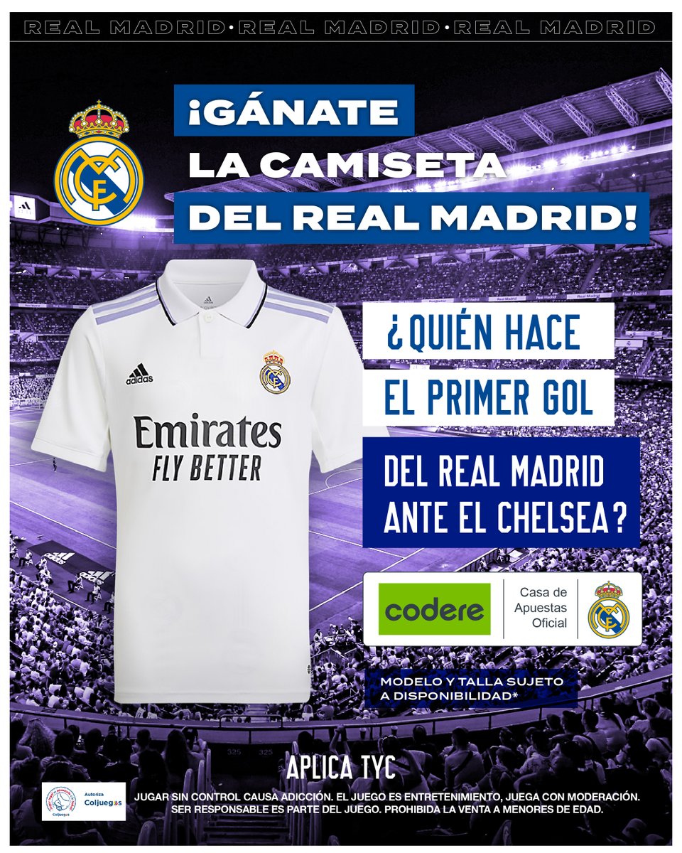 CodereCO's tweet photo. ¡Gánate la camiseta del Real Madrid! 👕🔥⚽️😎

*Sigue a Codereco
*Escribe solo 1 nombre del jugador del Real Madrid que consideres
*Tener tu cuenta activa en Codere (si no, abrir una)
*Da RT
*El que acierte gana, si varios aciertan, se define por sorteo.
----> Aplican TYC https://t.co/jvAtHxnoqP