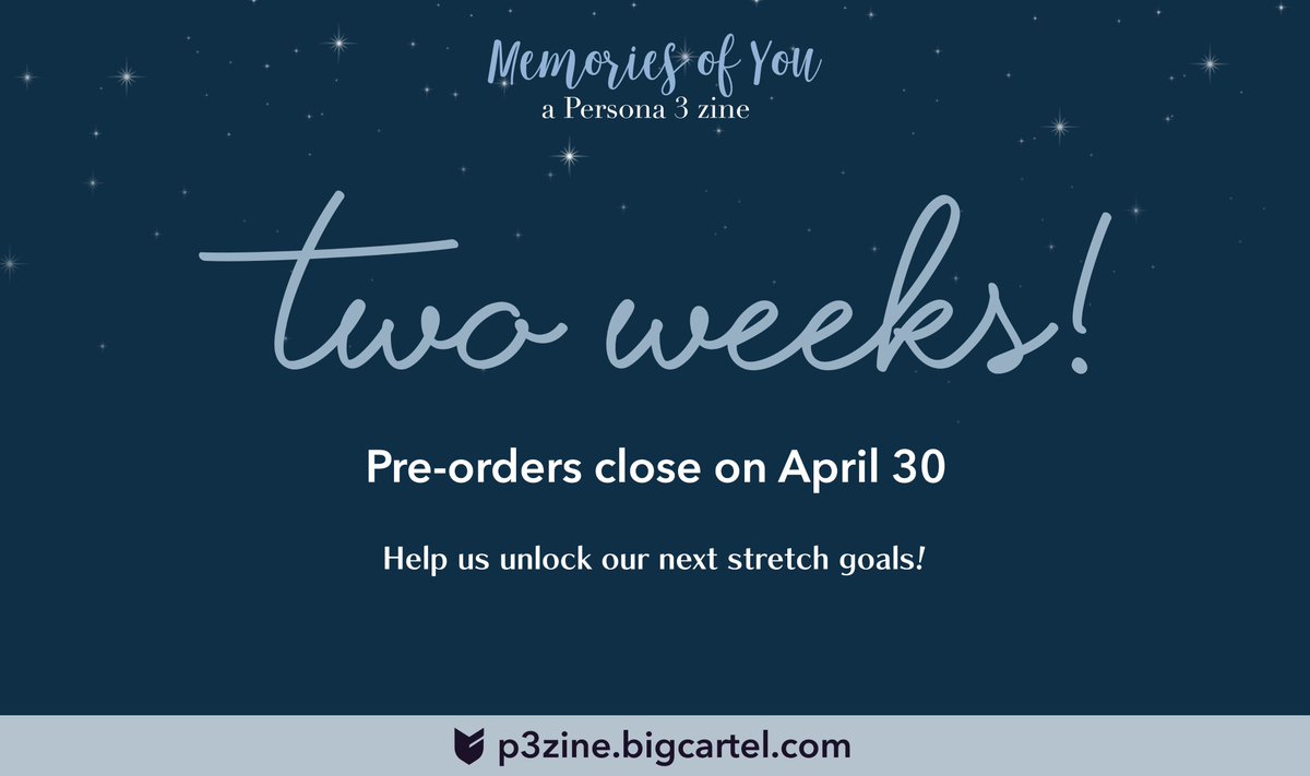 🌟 TWO WEEKS LEFT 🌟

Our pre-orders are ongoing for two more weeks! We've yet to unlock our second and third stretch goals, so please consider ordering a bundle! We may release a preview of our next stretch goal soon ⏳🌙