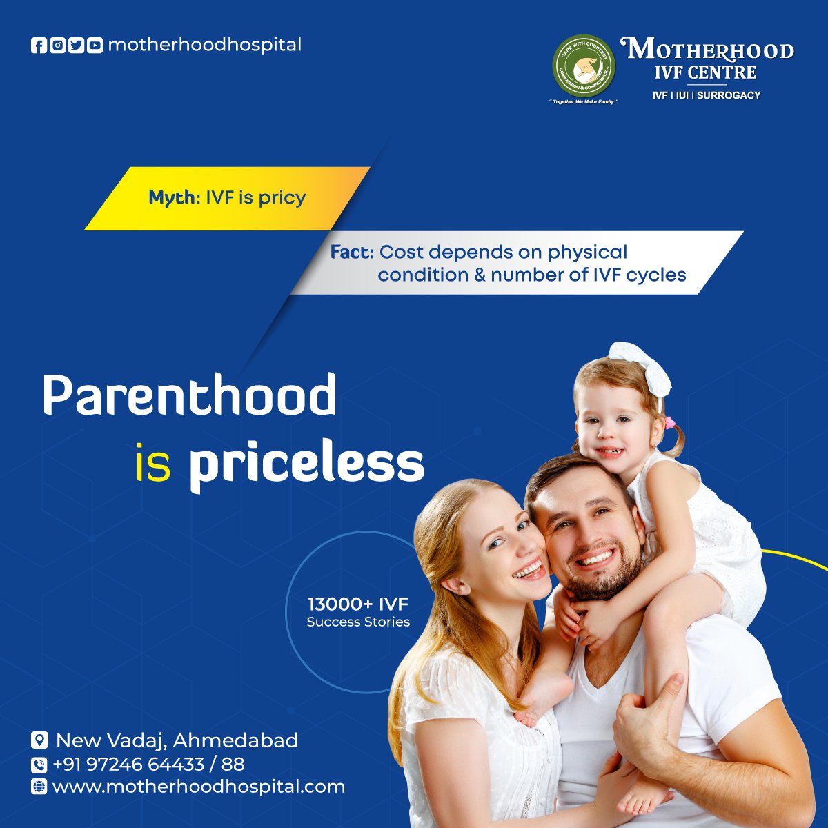IVF cost varies based on several factors. Consult with a specialist for accurate information

Call: 9724664433/88
Visit: motherhoodhospital.com/ivf-center-in-…

#MotherhoodIVFCenter #Infertility #IVF #IVFMYTH #Healthylifestyle #IVFCenter #IVFTreatment #Ahmedabad #NewVadaj #MotherhoodHospital