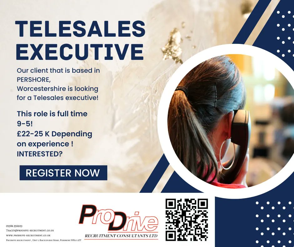 TraceyProDrive's tweet photo. Telesales Executive!
Call ProDrive Recruitment LLP on 01386-556923 or register online : https://t.co/T0nK4MFWDz
#werehiring #worcestershirejobs #lookingforwork #newjob2023 #prodriverecruitment #jobsearch #jobs #sales #pershore #telesales #fulltime #work https://t.co/xgMlKWtAgY