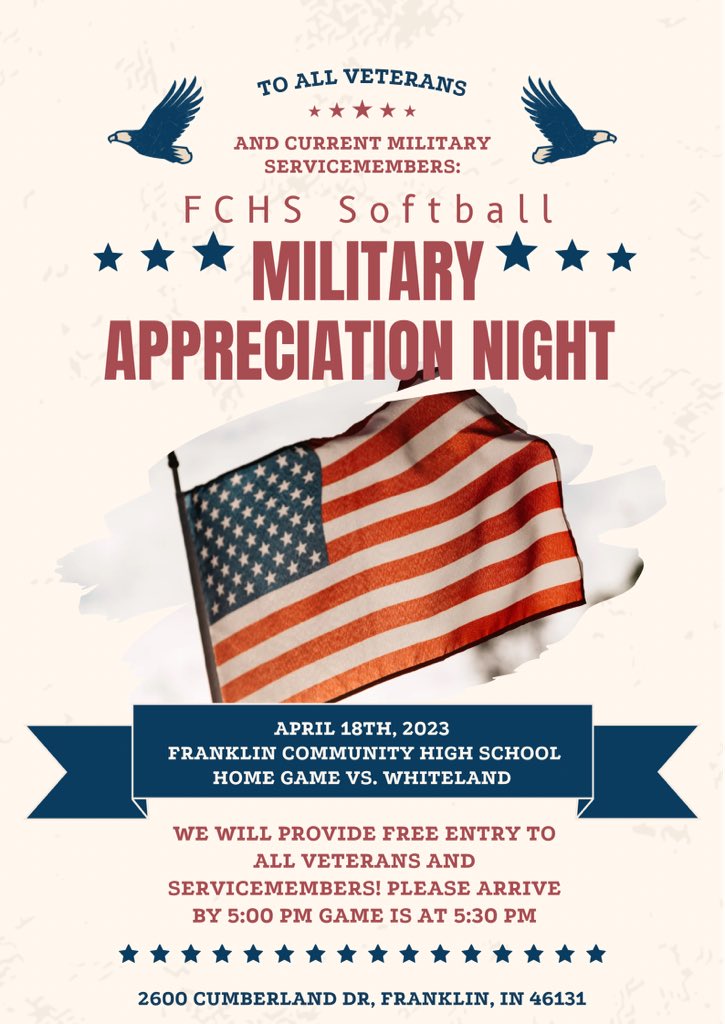 Military appreciation night has been changed to THIS Tuesday vs Whiteland. Please join us at 5:00pm to recognize our veterans and military service members. 🇺🇸