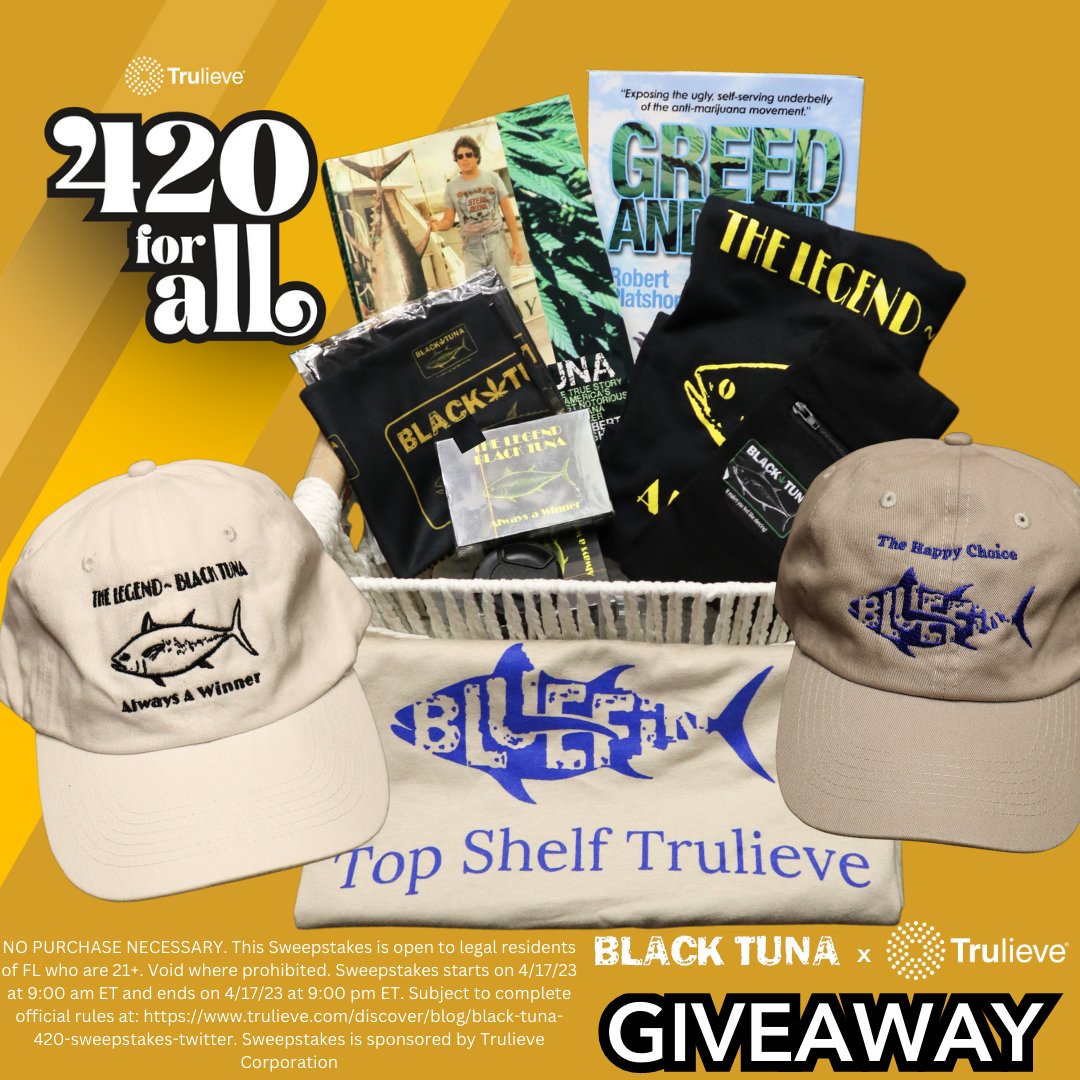 Trulieve's tweet photo. 🍃With only 3 days left until 420, Black Tuna is here to get you in gear! Check out this HUGE Black Tuna Prize Pack #Giveaway!

For your chance to win:
1️⃣ FOLLOW @Trulieve &amp; @BlackTunaFL
2️⃣ RETWEET this tweet

🏆2 winners selected next week. 
Rules: https://t.co/f7lFiNJay5 https://t.co/bamPGhoQZk