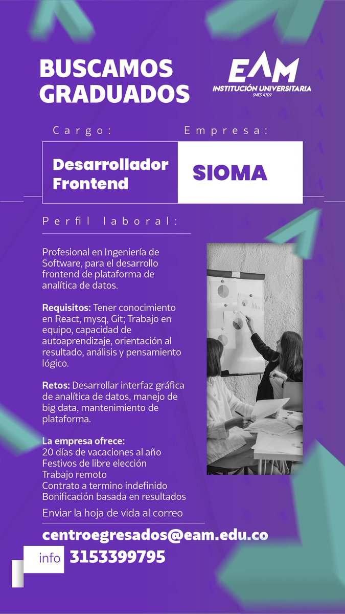 EAMdelquindio's tweet photo. Se necesita desarrollador frontend para Sioma, para desarrollar la plataforma analítica de datos.
#frontend #DesarrolladorSoftware #AnaliticaDeDatos #Git #React #Mysq #trabajo #trabajosíhay #ofertalaboral https://t.co/Jx0Edun2qz