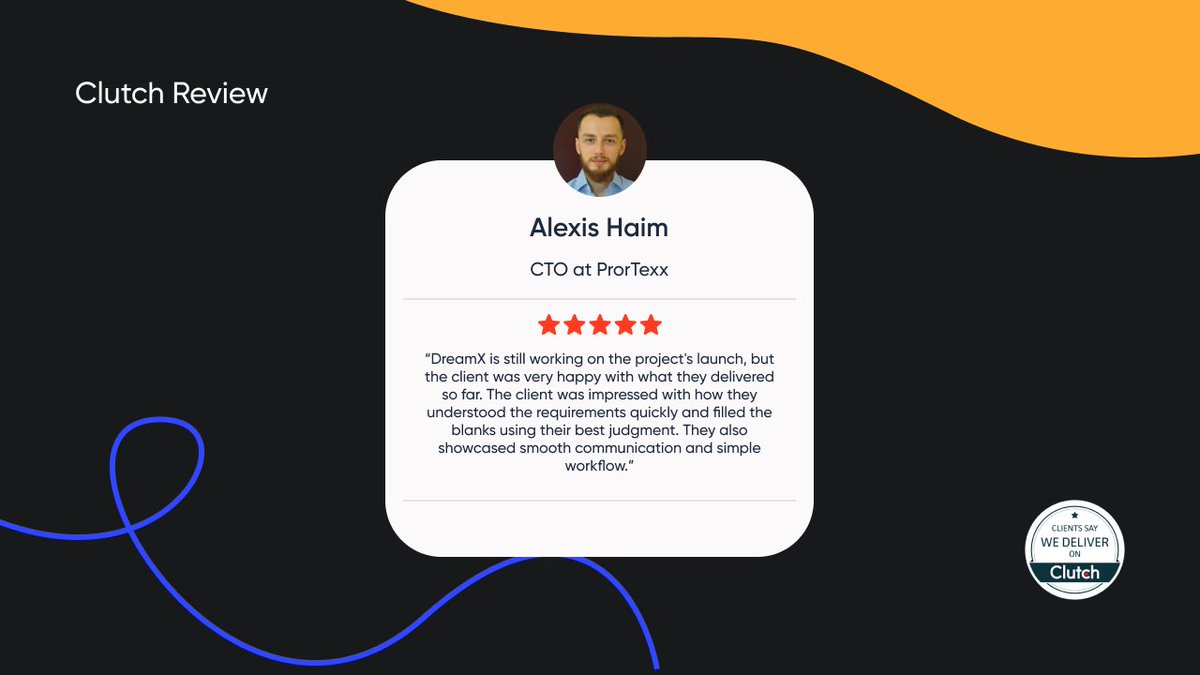 We are thrilled to share a review by Alexis Haim, CTO of ProrTexx.

To find out more, check our Clutch profile 👋🏻

#dreamx #webdesign #clutch #clutchreview #software #webdesignagency #uxdesign