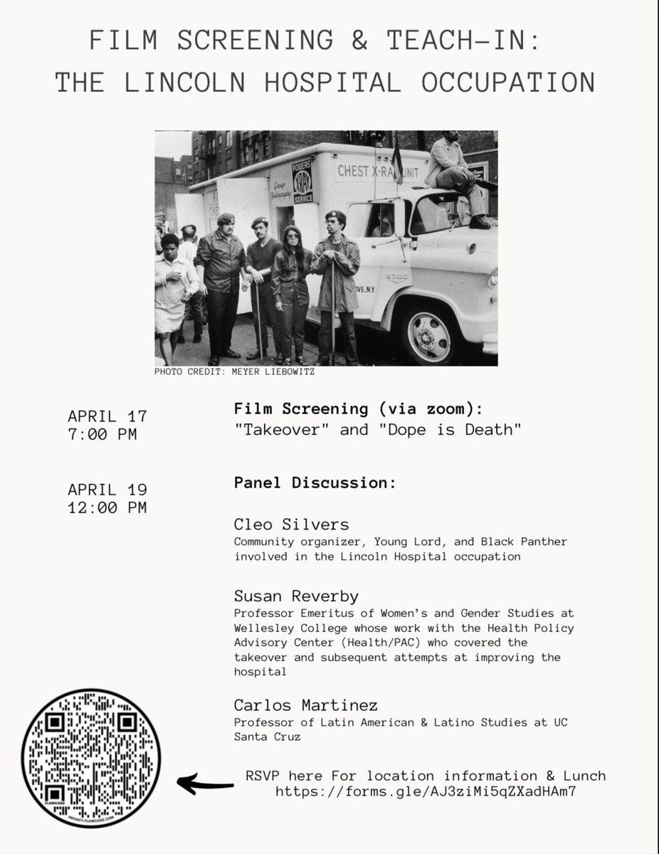 AJohnsonHist's tweet photo. Excited to put on this 🔥🔥🔥 event w/ @_r_johanna on the Young Lords’ takeover of Lincoln Hospital &amp; their contributions to american public health. Join us Wednesday for a convo w/  my brother @compa_cmartinez, @sreverby &amp; Young Lords veteran Cleo Silvers! https://t.co/iQ0AjSBDGt