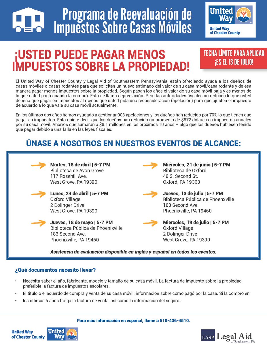 Legal Aid of Southeastern PA (@legalaidsepa) on Twitter photo Chester County MOBILE HOME TAX REASSESSMENT PROJECT starts in-person clinics this week! Get your mobile home taxes reassessed for free.
<a href="/LegalAidSEPA/">Legal Aid of Southeastern PA</a> will be at đź“™ Avon Grove Libraryđź“™ in West Goshen Borough Hall, 117 Rosehill Ave, West Grove 19390 Tue, April 18, 2023, 5-7pm Chester County MOBILE HOME TAX REASSESSMENT PROJECT starts in-person clinics this week! Get your mobile home taxes reassessed for free.
<a href="/LegalAidSEPA/">Legal Aid of Southeastern PA</a> will be at đź“™ Avon Grove Libraryđź“™ in West Goshen Borough Hall, 117 Rosehill Ave, West Grove 19390 Tue, April 18, 2023, 5-7pm