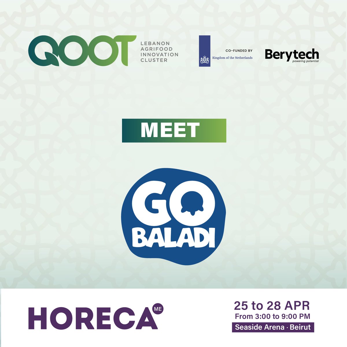 Go Baladi is one of the many cluster members showcasing their products at the QOOT Cluster space in HORECA 2023. 
Come check them out on April 25 – 28 from 3 to 9 pm at the Seaside Arena, Beirut.

qoot.org/qoot-cluster-s…

@HorecaConnects #HORECALebanon #QOOTinHORECA