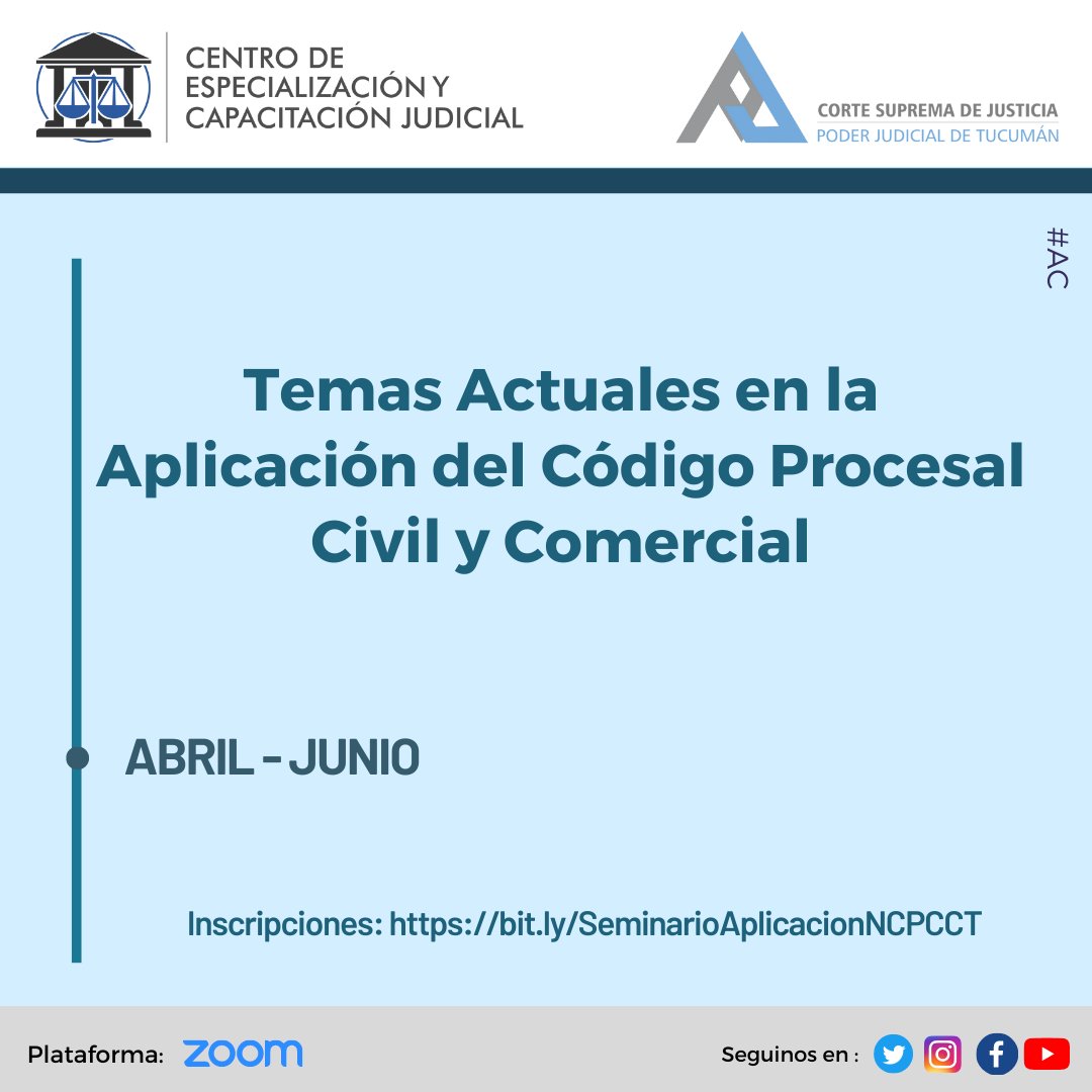 CECJtucuman's tweet photo. El @cecjtucuman invita a participar del Seminario: "Temas Actuales en la Aplicación del CPCyCT"

📷 Destinatarios: magistrados/as, funcionarios/as y/o empleados/as del Poder Judicial de Tucumán y comunidad en general.
.
📷 Información e Inscripciones: https://t.co/Eau4CureOM https://t.co/w59CDLd7cP