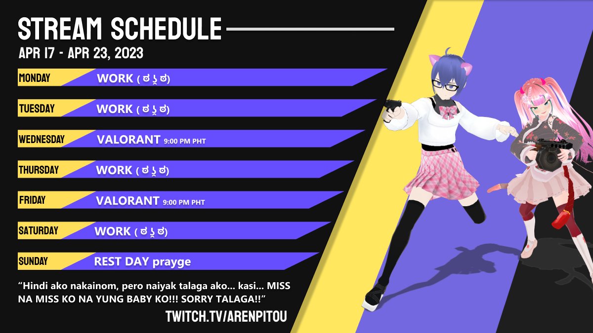 arenpitou's tweet photo. BOOOOOOOOOOOOOOOOOOOOOOOOOOOOOOOONE
Okay, been watching too much Nine-Nine lately LMAO
Here's this week's schedule!
I better reach plat soon so I can buy me that skin bundle hehe, manifesting!
#Aren7LIVE https://t.co/DRkJjDjqFY