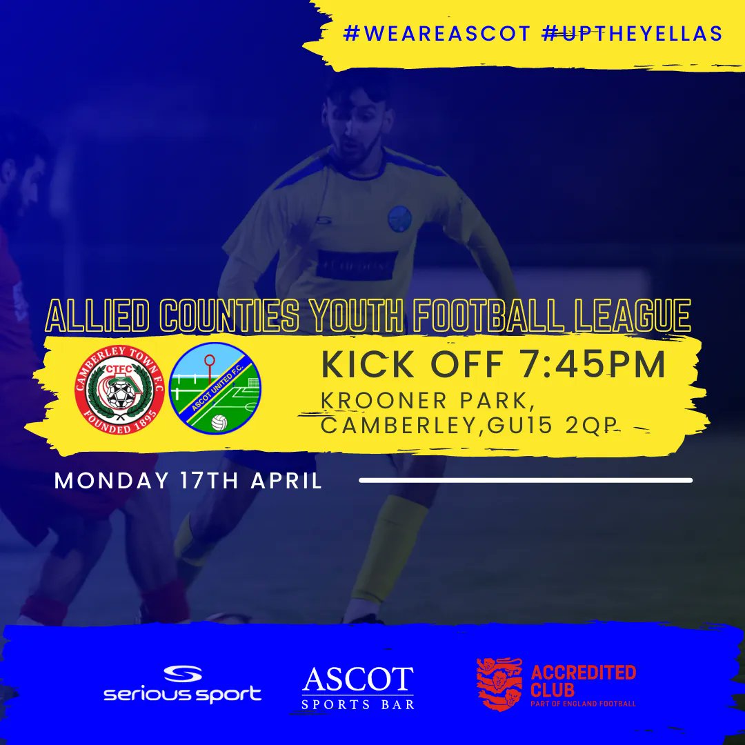 AscotUnitedFC's tweet photo. ⚽️It's match day for our Allied side as they're in @ACYFLofficial action tonight. They play their penultimate league game of the season. 

They’re headed to @CamberleyTownFC at Krooner Park.  

Kick off at 7:45pm, let’s back the team, Yellafans! 

#WeAreAscot #UptheYellas https://t.co/vLRpkOlNfS