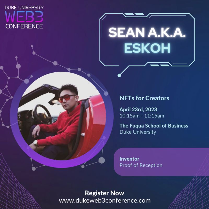 Don't miss out on hearing from one of the most innovative minds in the industry! 

We're thrilled to announce that Sean K., aka ESKOH, will be speaking at the Duke University Web3 Conference, sharing his insights on the "NFTs for Creators" panel. 

#DW3C #DukeWeb3 #NFTs