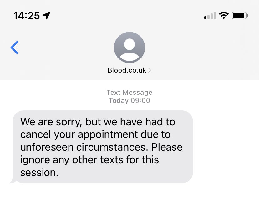 Franny_Pops's tweet photo. @GiveBloodNHS every time I book to give blood you cancel it. At least this one wasn’t on the day as they normally are but still annoying. You’ve hounded me with texts and emails for months as you “urgently” need blood 🩸 obviously not https://t.co/3wxoJCnWOL