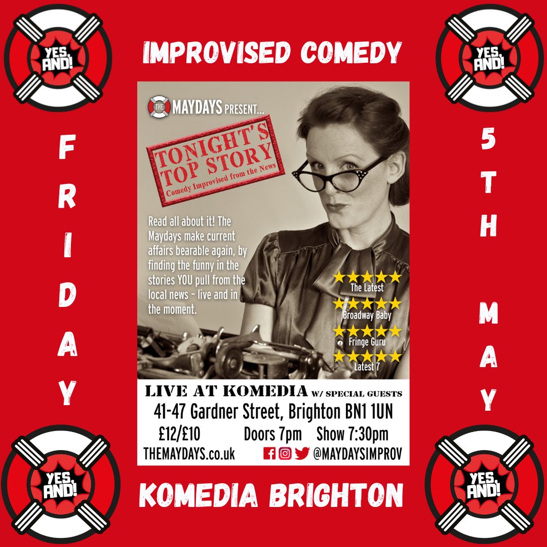maydaysimprov's tweet photo. Join us for a night of #improvisedComedy at @KomediaBrighton Friday 5th May for 'Tonight's Top Story'. We'll make the news bearable again! 🤓
Discounted tickets for Maydays students 🤩
Grab your seat here: https://t.co/uP9QnzNZQJ
#BrightonComedy #improvComedy #improvisation https://t.co/a4PMiV23xL