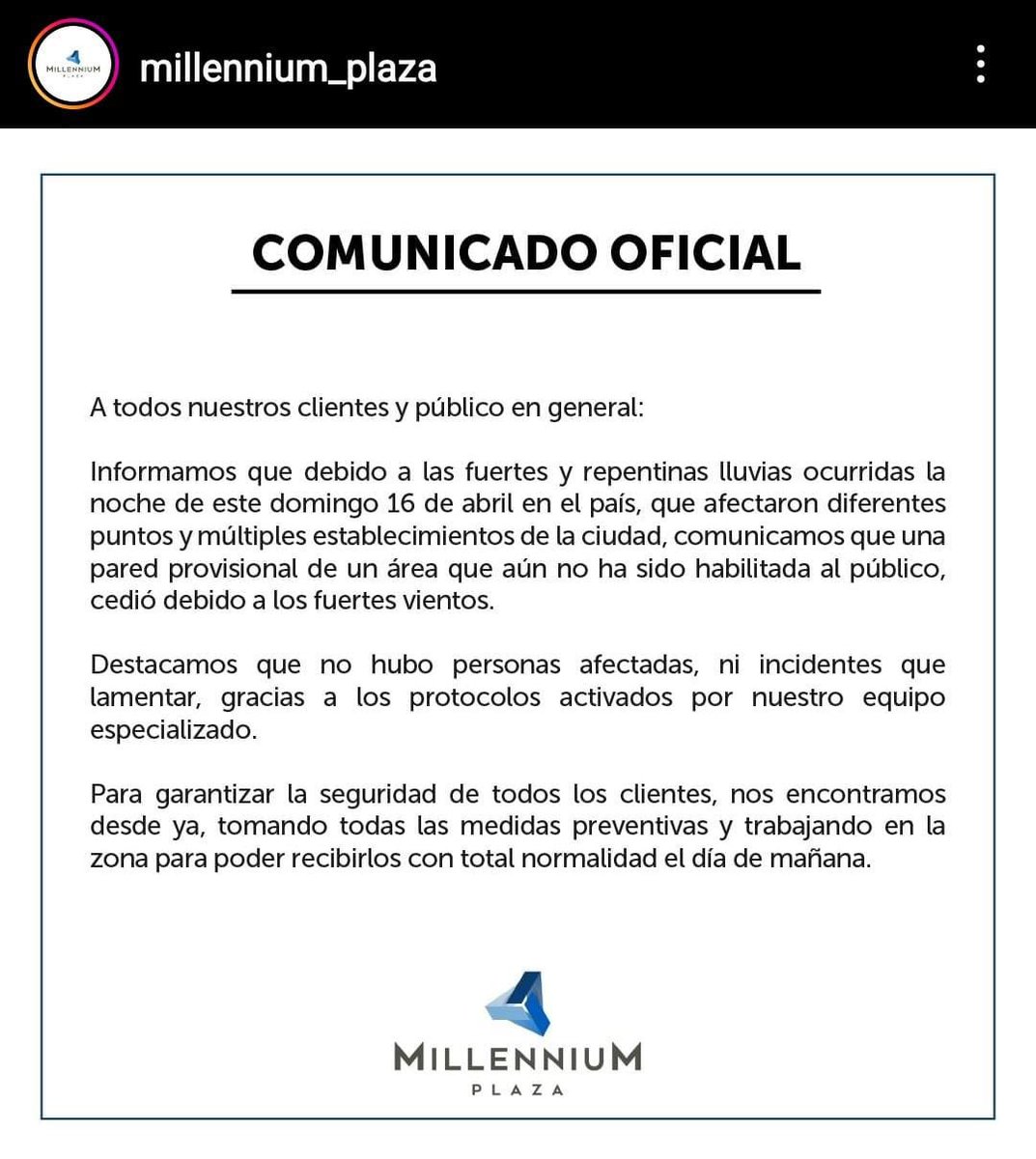 ITROriginal's tweet photo. 🚨MILLENNIUM PLAZA SE PRONUNCIA TRAS INCIDENTES DE LLUVIAS 

📌“Una pared provisional de un área que aún no ha sido habilitada al público, cedió debido a los fuertes vientos. Destacamos que no hubo personas afectadas, ni incidentes que lamentar”, dijo la empresa. https://t.co/0szZfLfqeK