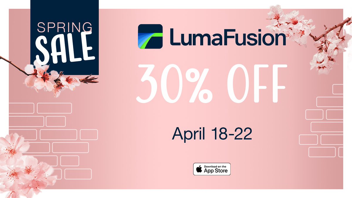 LumaTouch's tweet photo. The LumaFusion iOS Spring Sale starts tomorrow! Don't wait until the last minute; get LumaFusion for 30% off in the Apple App Store asap.

https://t.co/hHcvmTCHIf

#LumaFusionSale #VideoEditing #iPad #iPhone #EditingApp https://t.co/x3hDZTPeNy
