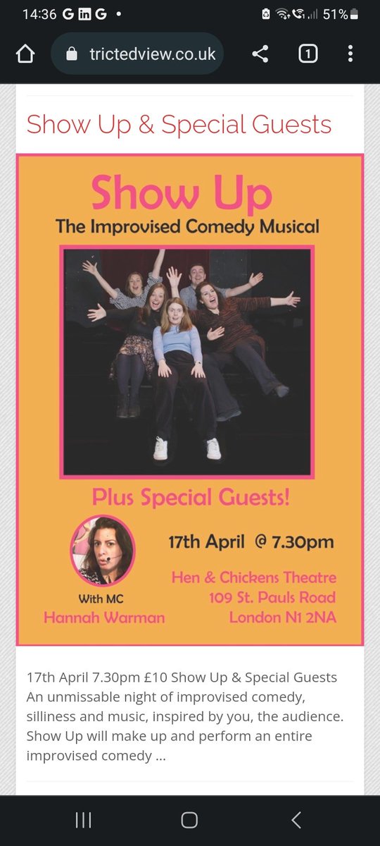 It anyone is even remotely in the vicinity of North London, get yourselves down to see some marvellous musical improv comedy, curated by the hilarious @hannahwarman. At the Hen and Chickens, next to that gyratory bit by Highbury and Islington Station.