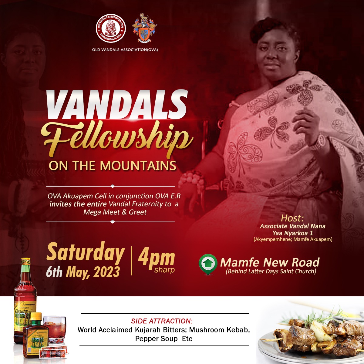 OVAGlobal1's tweet photo. #OVAER and Old Vandals Akuapem Cell invites #Vmates to the #VandalsFellowShip #MeetandGreet session.
Host - Associate Vandal Nana Yaa Nyarkoa 1
(Akyempemhene, Mamfe Akuapem)
6th May 2023 - 4pm
#Sharply #OVAnews https://t.co/1uZ4xN0EJa