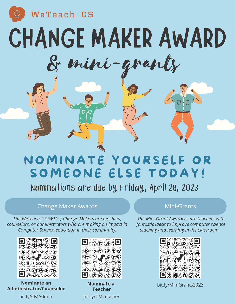 weteachcs's tweet photo. Do you know a Texas school counselor or administrator making an impact in #cseducation? Nominate them for a $750 WeTeach_CS Change Maker Award! Applications close April 28. 

Apply today: https://t.co/sajpy1Tcht
Register for the 2023 @weteachcs Summit: https://t.co/gc7XXaanJw https://t.co/yAra5zlUNI