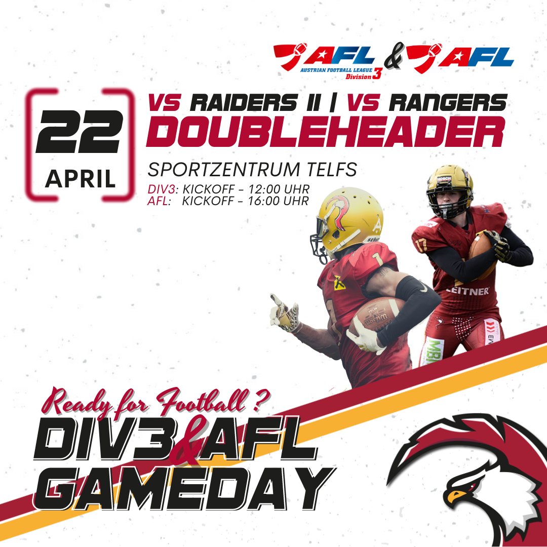This Saturday, the grass is on fire at the Sportzentrum Telfs when the #TelfsPatriots invite the fans to the doubleheader 💪🏈
Kickoff 12:00 - Telfs Patriots 2 vs <a href="/SWARCO_RAIDERS/">SWARCO RAIDERS Tirol</a> 2 
Kickoff 16:00- Telfs Patriots vs Mödling Rangers