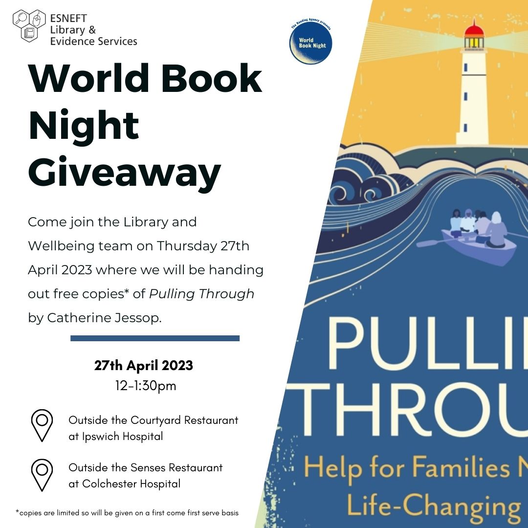 ESNEFTLib's tweet image. 🗓️Come Join the Library and Wellbeing Teams next Thursday Lunchtime (27th April) where we will be handing out copies of our chosen World Book Night Book! 🙂

You can find out more via our website - bit.ly/WBNESNEFT

@Team_ESNEFT @HWB_ESNEFT 
#worldbooknight
#Pullingthrough