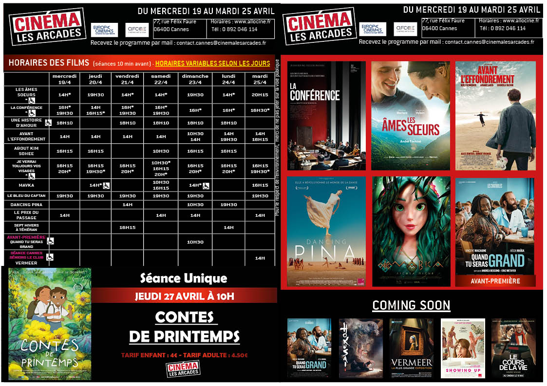 arcadescannes's tweet photo. Votre programme ciné du 19 au 25 avril inclus. Bonne semaine ! #laconference #avantleffondrement #quandtuserasgrand #mavka https://t.co/VnZG0m5z3S