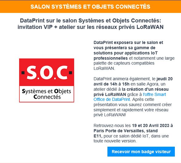 DataPrint75's tweet image. Ne ratez pas cet atelier, qui vous montrera combien il est facile de déployer un réseau #LoRaWAN privé !
C&apos;est ce jeudi 20 avril à 14h au Salon Systèmes et Objets Connectés 😉
#DataPrint #IoT
Obtenez votre badge gratuitement 👇
salon-systemes-objets-connectes.com/_admin_client/…