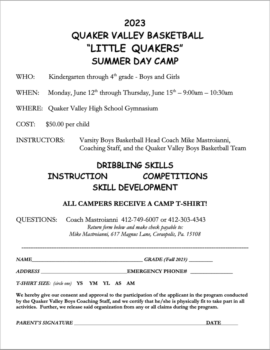 Coach Mike Mastroianni is also running a "Little Quaker" Basketball Camp for boys and girls entering Kindergarten through 4th grade in 2023-24!  Hope to see you with #US there!