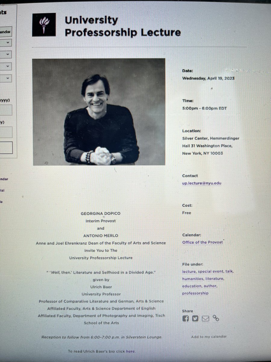 Uli Baer (@ulibaer) on Twitter photo So honored to give the University Professorship Lecture <a href="/nyuniversity/">New York University</a> on Wednesday, April 19, 5 PM. If you can guess the source of the title, “Well,then…” (key moment in an American book), you get extra free drinks 🍸 🍹 So honored to give the University Professorship Lecture <a href="/nyuniversity/">New York University</a> on Wednesday, April 19, 5 PM. If you can guess the source of the title, “Well,then…” (key moment in an American book), you get extra free drinks 🍸 🍹