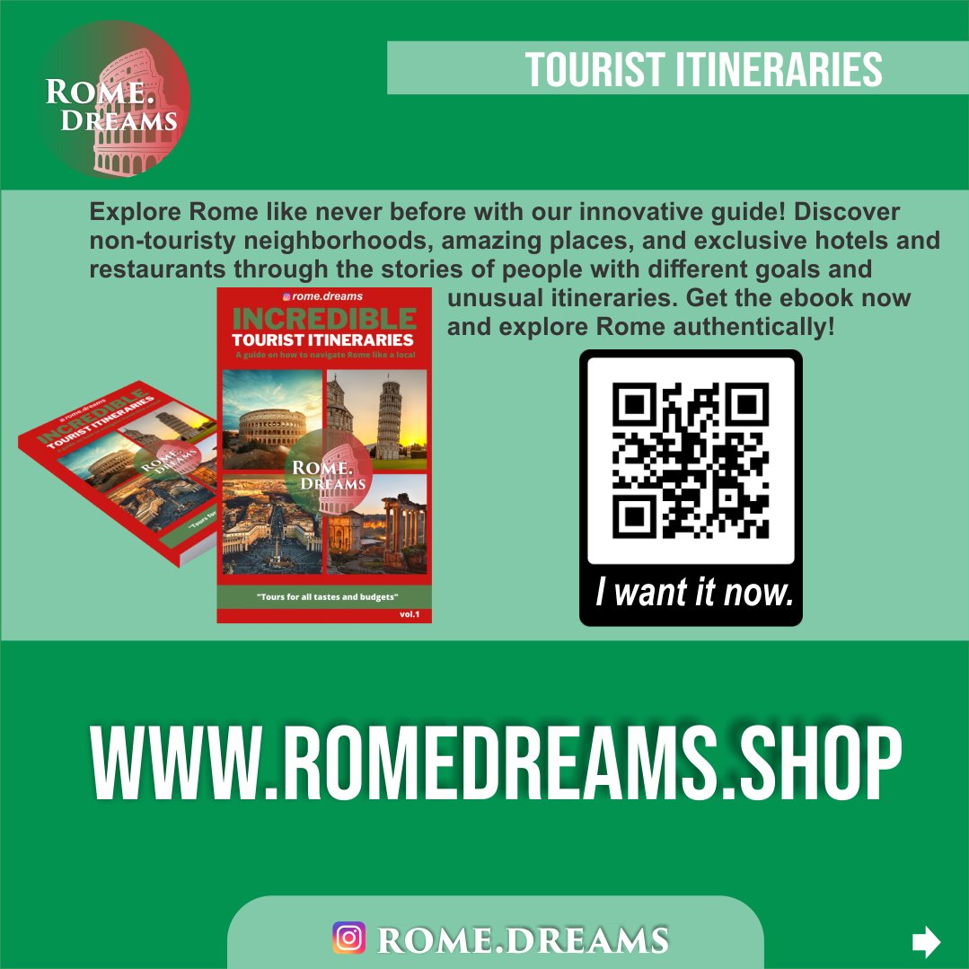 Discover Rome with our unique ebook! Explore authentic itineraries, historical spots, and enjoy total freedom. Let Rome transform you! RomeDreams.shop  
#ExploreRome #NoGuideNeeded #TravelFreedom #RomeItineraries #CityTransformations