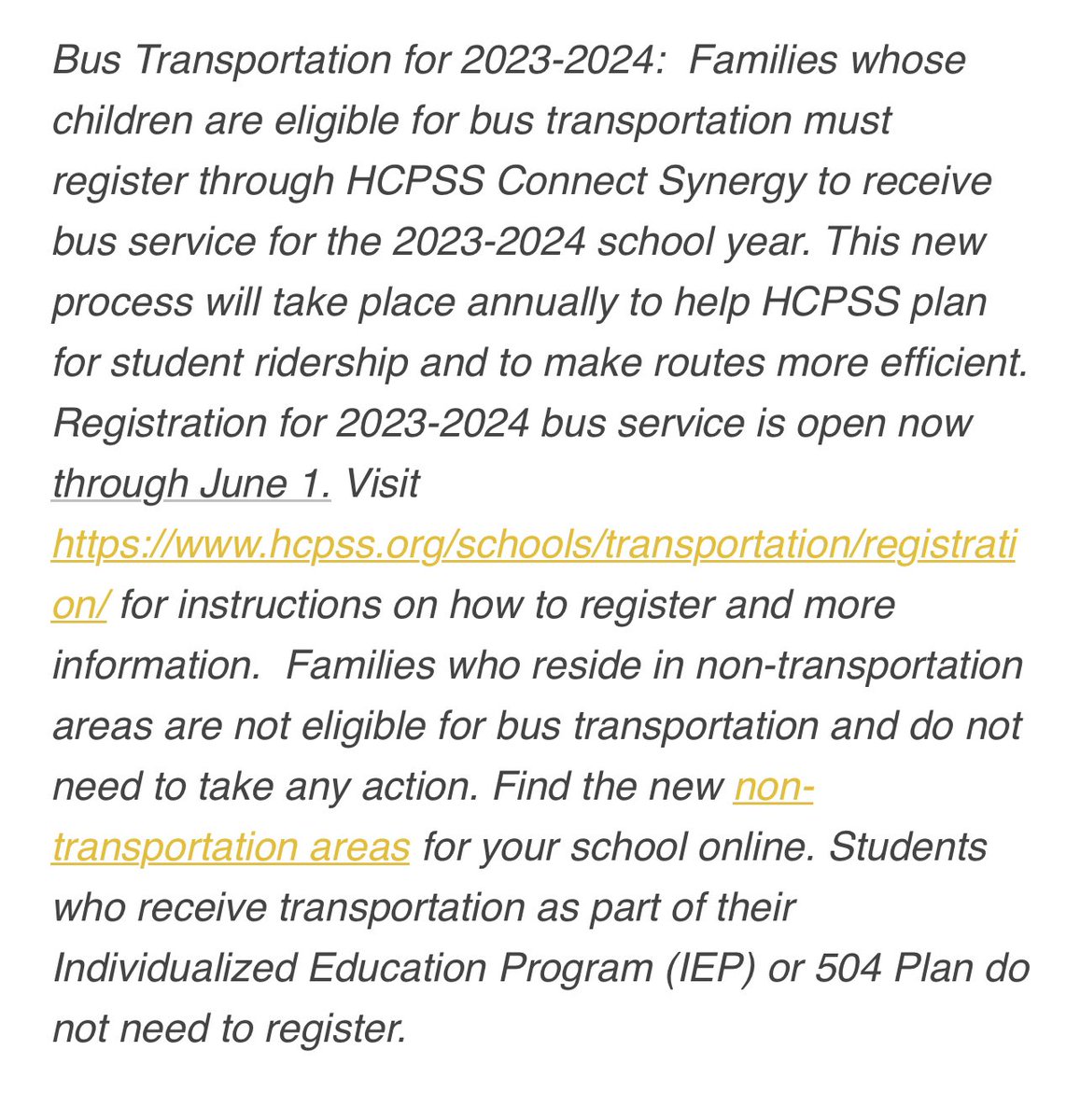Attention all bus riders! You must register through HCPSS Connect Synergy by June 1st to receive bus service for the 2023-2024 school year - Details in attached photo!
