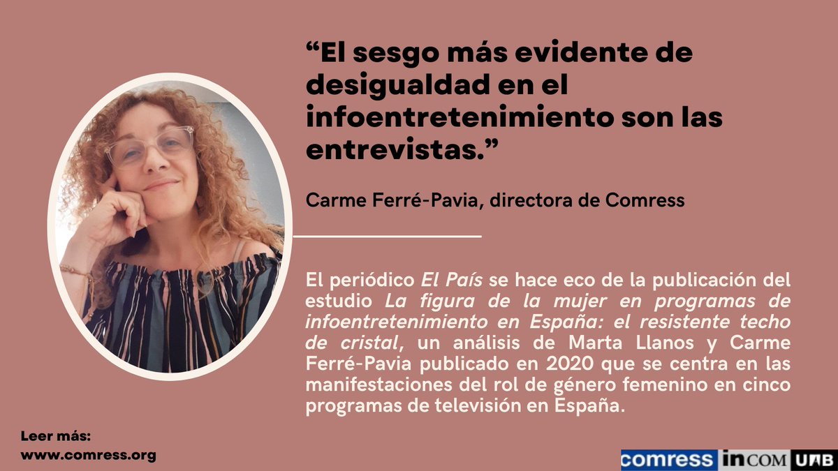 ComressIncomUAB (@comressuab) on Twitter photo Un estudio de <a href="/carmeferrepavia/">Carme Ferré Pavia</a> y Marta Llanos confirma que la cosificación del género femenino está presente en programas de #infoentretenmiento como El Hormiguero o El Intermedio. Lee el artículo completo de <a href="/NoeliaRMontes/">Noelia Ramírez</a> en <a href="/elpais/">elpais</a> bit.ly/43D13uM Un estudio de <a href="/carmeferrepavia/">Carme Ferré Pavia</a> y Marta Llanos confirma que la cosificación del género femenino está presente en programas de #infoentretenmiento como El Hormiguero o El Intermedio. Lee el artículo completo de <a href="/NoeliaRMontes/">Noelia Ramírez</a> en <a href="/elpais/">elpais</a> bit.ly/43D13uM