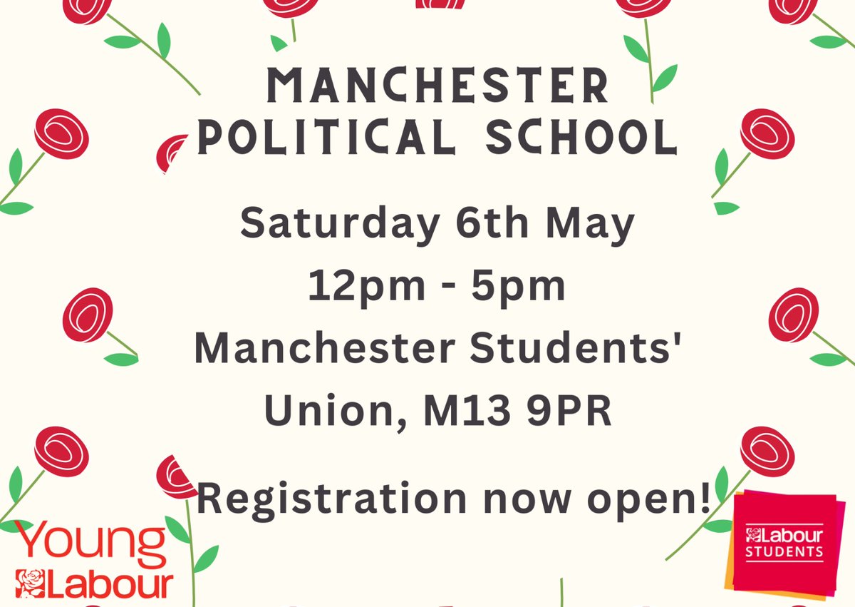 YoungLabourUK's tweet image. Registration is now open for our first political school of the year in Manchester🌹💥👉🏽forms.gle/Gmfh5Xz6hPVdvQ…

🗓️Saturday 6th May 12pm-5pm
📍 Manchester Students' Union, M13 9PR

Contact @cchloebrooks or @chloexfield if you have any questions!