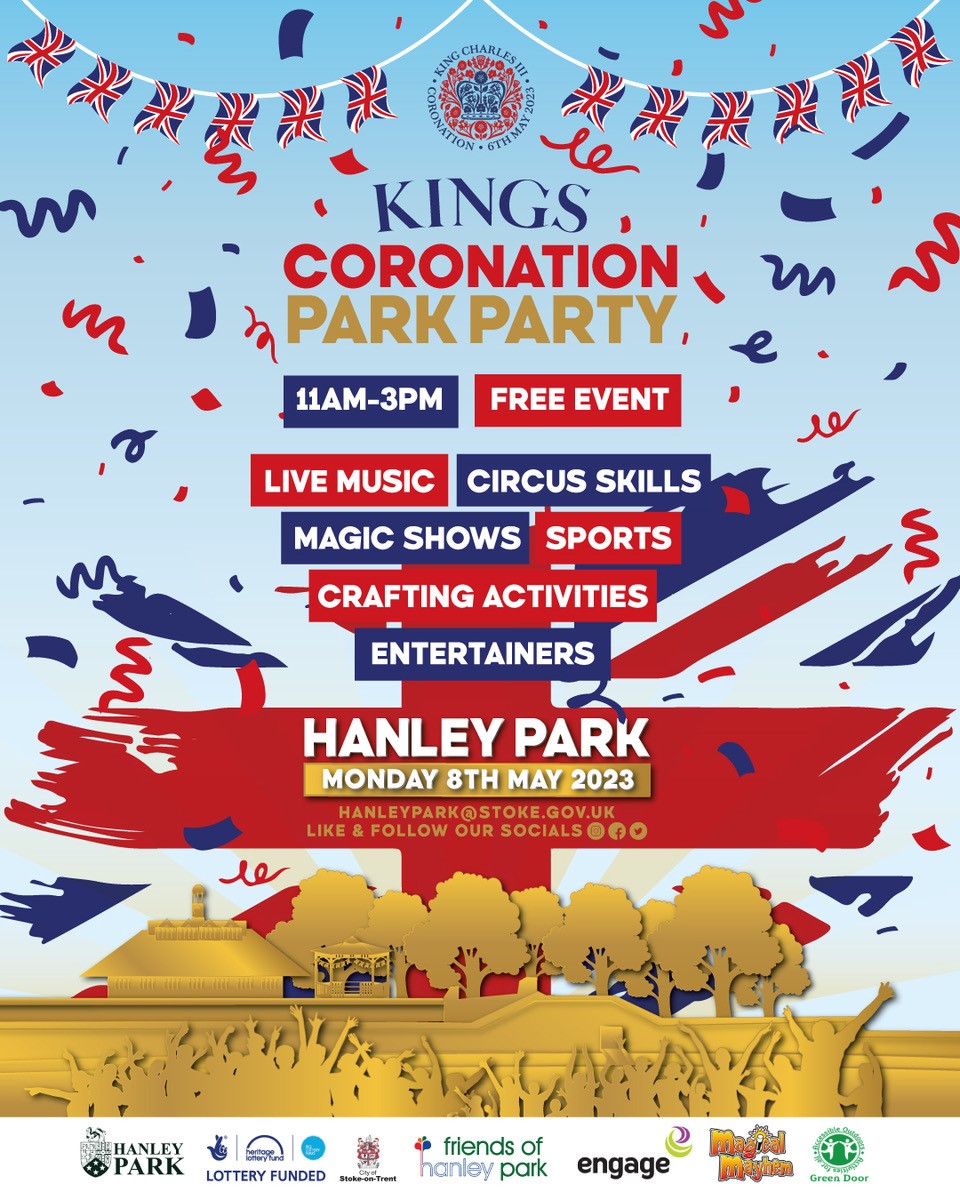 Celebrate the Coronation of King Charles III in style! We’re celebrating in the park on 8th May between 11-3.  Join us for live music, entertainers, circus workshops, crafts, sport and much more.
 #hanleypark #kingscoronation2023