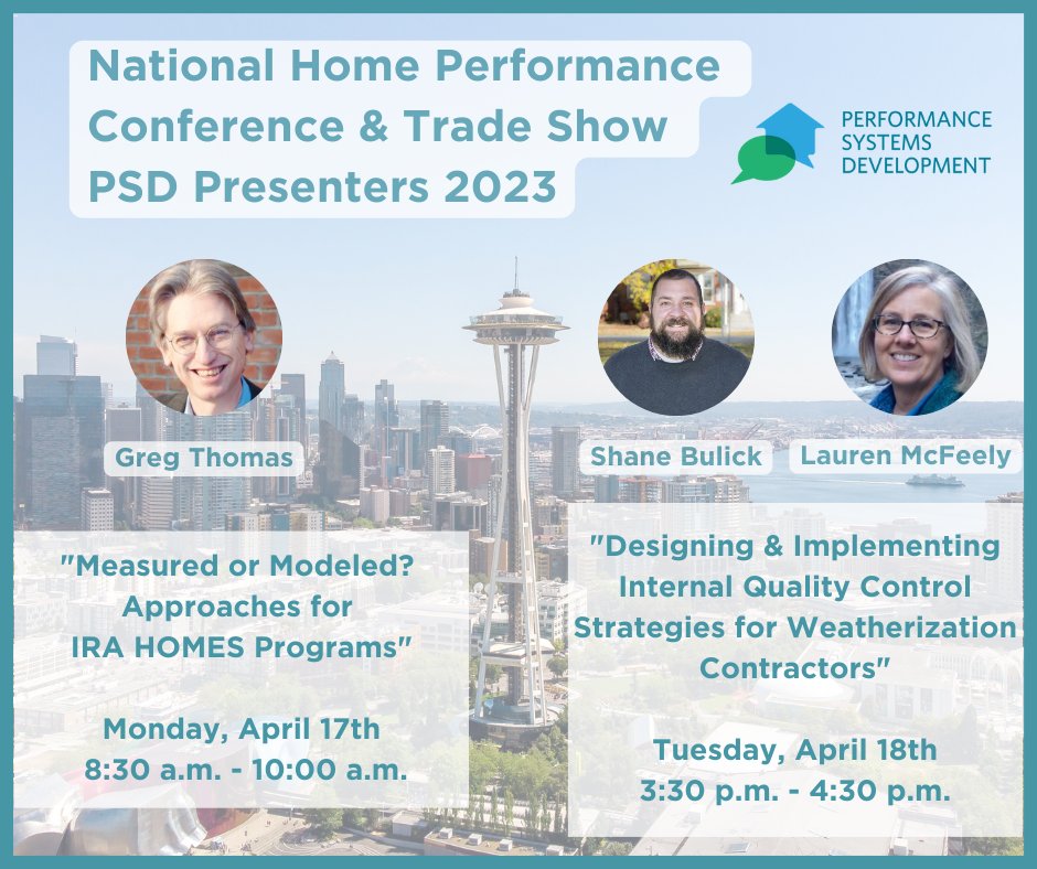 This week, PSD will be presenting at this year’s National Home Performance Conference &amp; Trade Show in Seattle, WA!

If you are going to #NHPC23 as well, make sure you say hi to our team!

Read more below:
psdconsulting.com/psd-will-be-at…

#WeSpeakBuilding #PSD #EnergyEfficiency