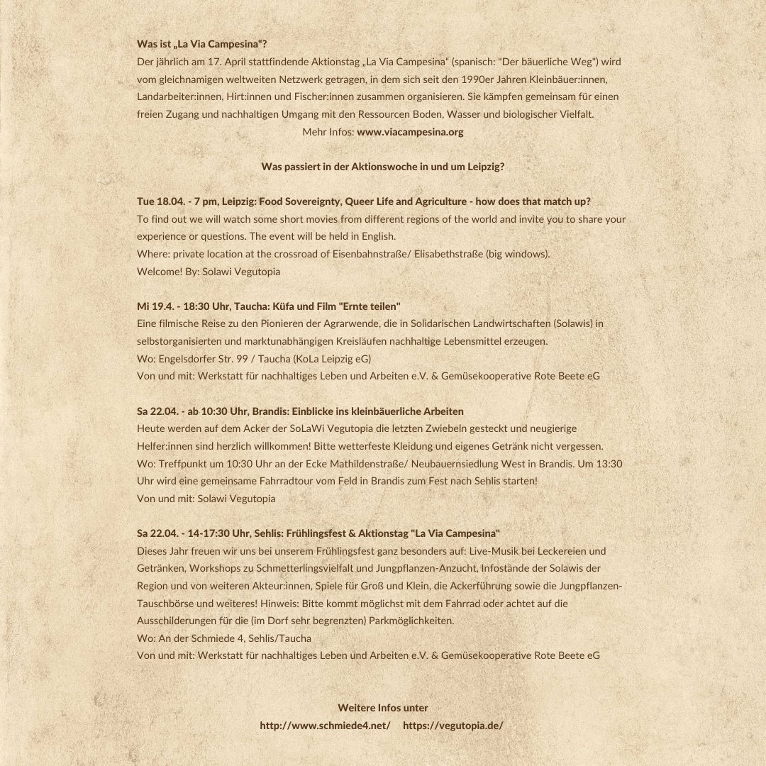 In &amp; um #Leipzig laden #Solawi-#Kooperativen &amp; Initiativen zur #LaViaCampesinaAktionswoche2023 zum #17April &amp; Aktionstag #LaViaCampesina -d. Tag des kleinbäuerlichen Widerstands- mit einem sehr vielfältigen Programm auch in #Taucha, #Brandis &amp; #Plösitz: allmendeverein.de/event/la-via-c…